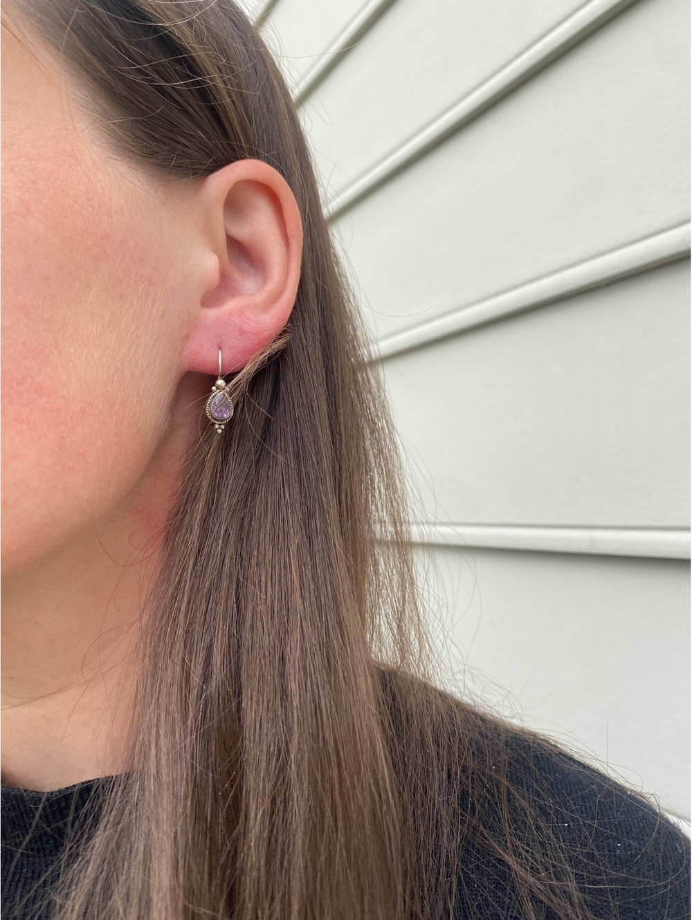 Vintage Sterling Silver Purple Stone Engraved Drop Earrings